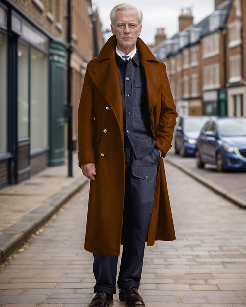 Men's Double-Breasted Longline Overcoat with Wide Notch Collar – Cora Grey