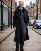 Men's Double-Breasted Longline Overcoat with Wide Notch Collar – Cora Grey
