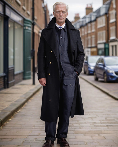 Men's Double-Breasted Longline Overcoat with Wide Notch Collar – Cora Grey
