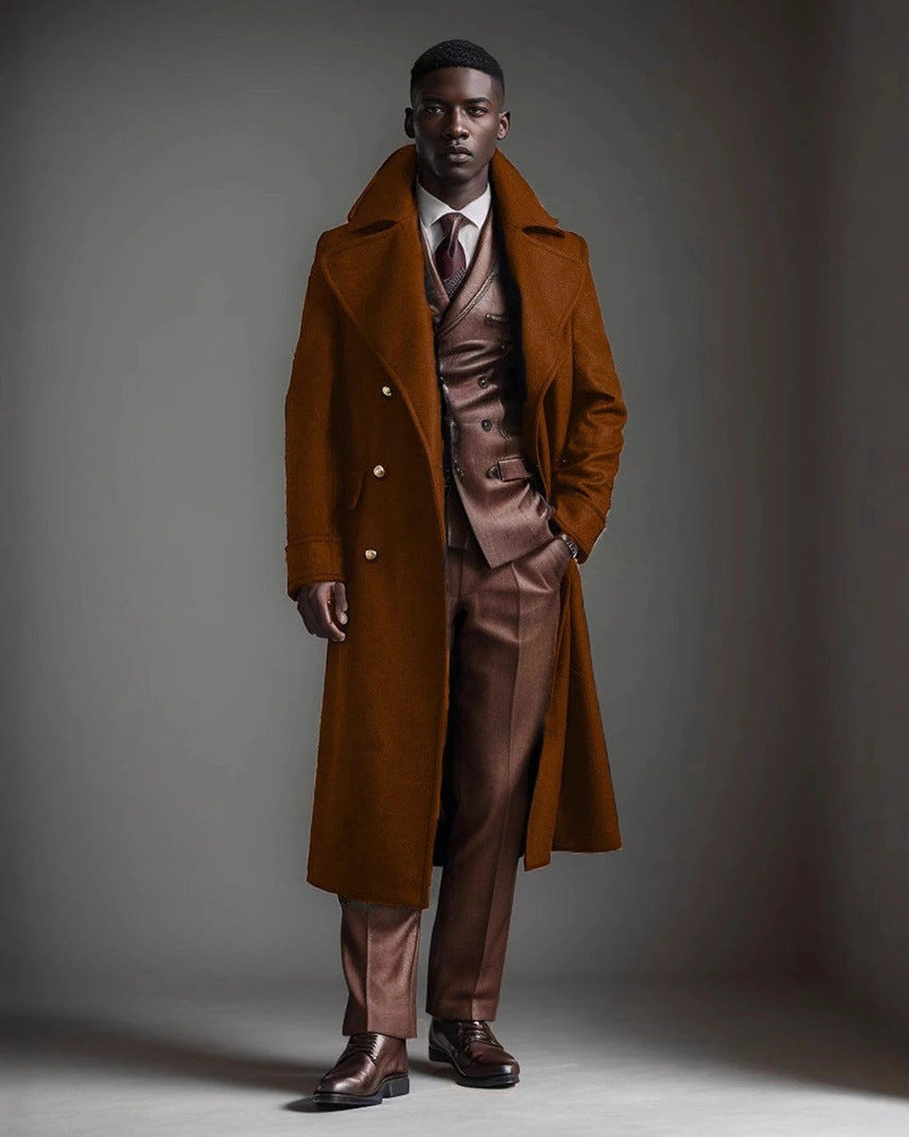 Men's Double-Breasted Longline Overcoat with Wide Notch Collar – Cora Grey