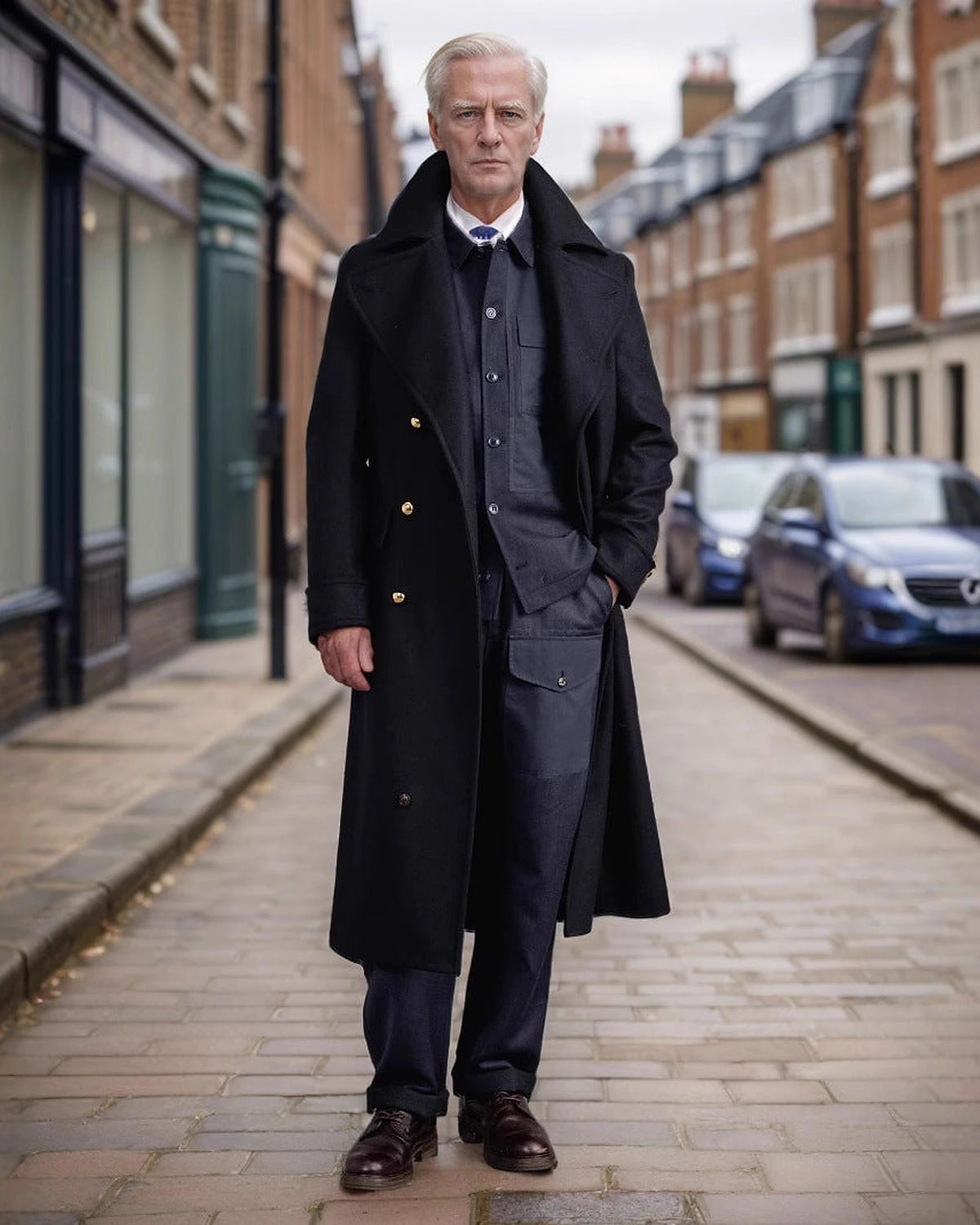 Men's Double-Breasted Longline Overcoat with Wide Notch Collar – Cora Grey
