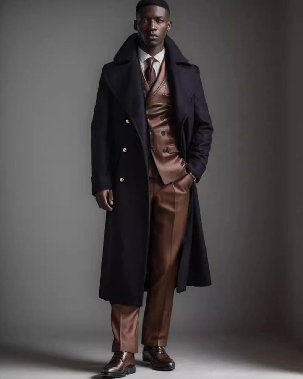 Men's Double-Breasted Longline Overcoat with Wide Notch Collar – Cora Grey
