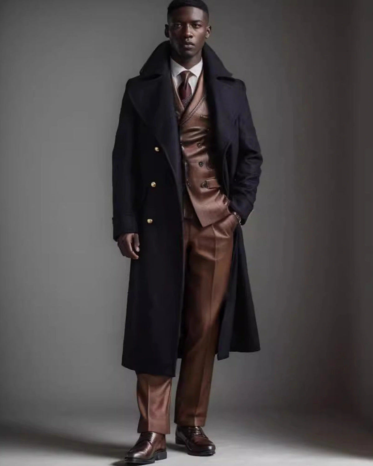 Men's Double-Breasted Longline Overcoat with Wide Notch Collar – Cora Grey