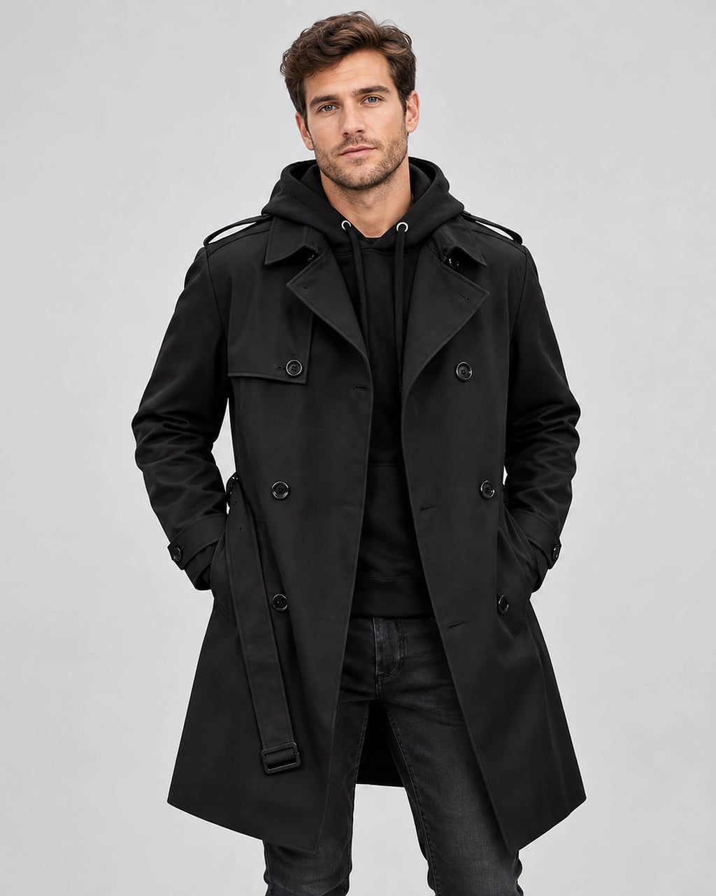 Men's Double Breasted Tailored Trench Coat with Belted Waist and Epaulettes – Ronan