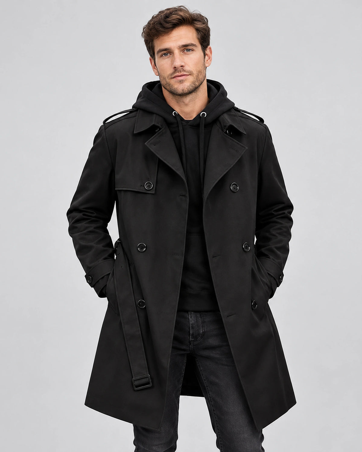 Men's Double Breasted Tailored Trench Coat with Belted Waist and Epaulettes – Ronan