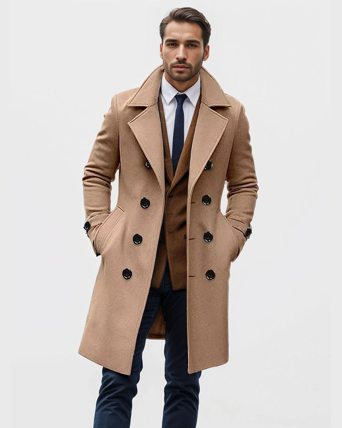Men's Double-Breasted Wool-Blend Overcoat with Notch Lapel, Tailored Fit – Callum
