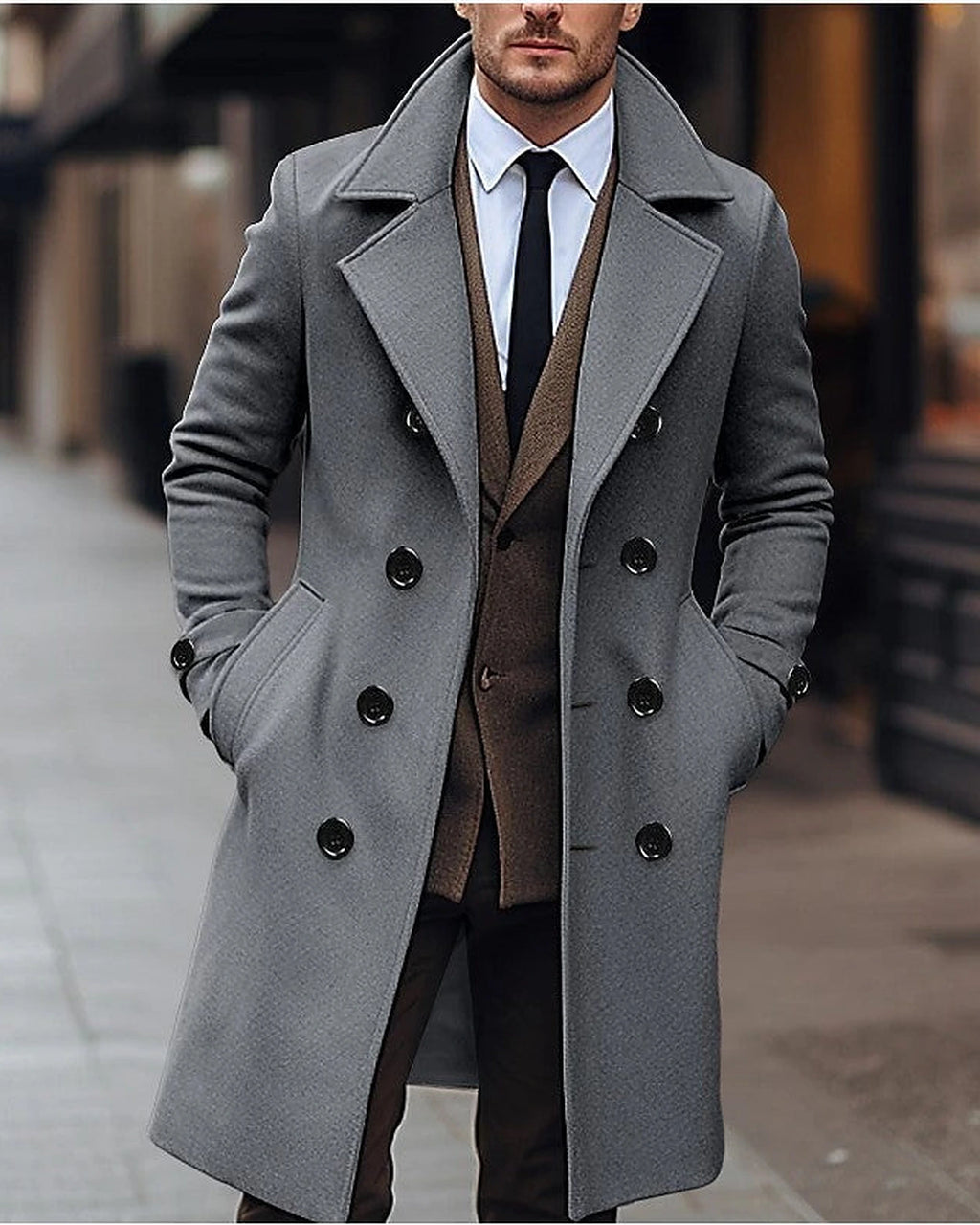 Men's Double-Breasted Wool-Blend Overcoat with Notch Lapel, Tailored Fit – Callum