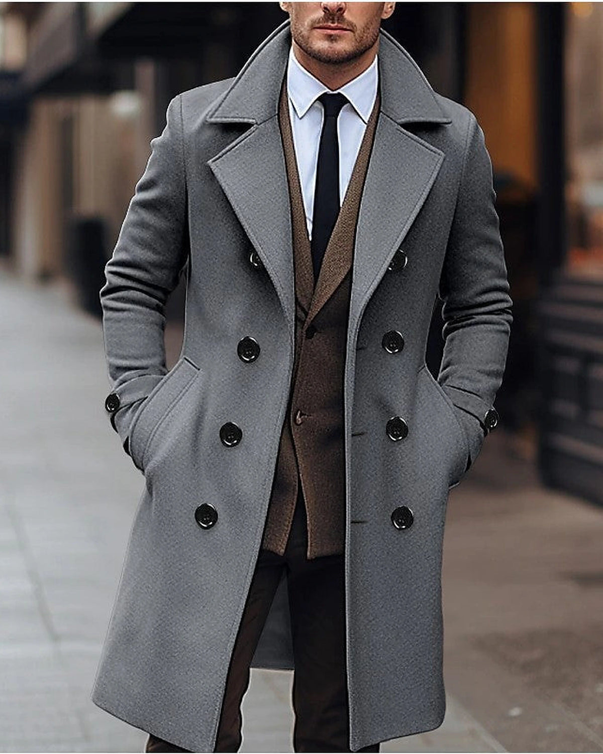 Men's Double-Breasted Wool-Blend Overcoat with Notch Lapel, Tailored Fit – Callum