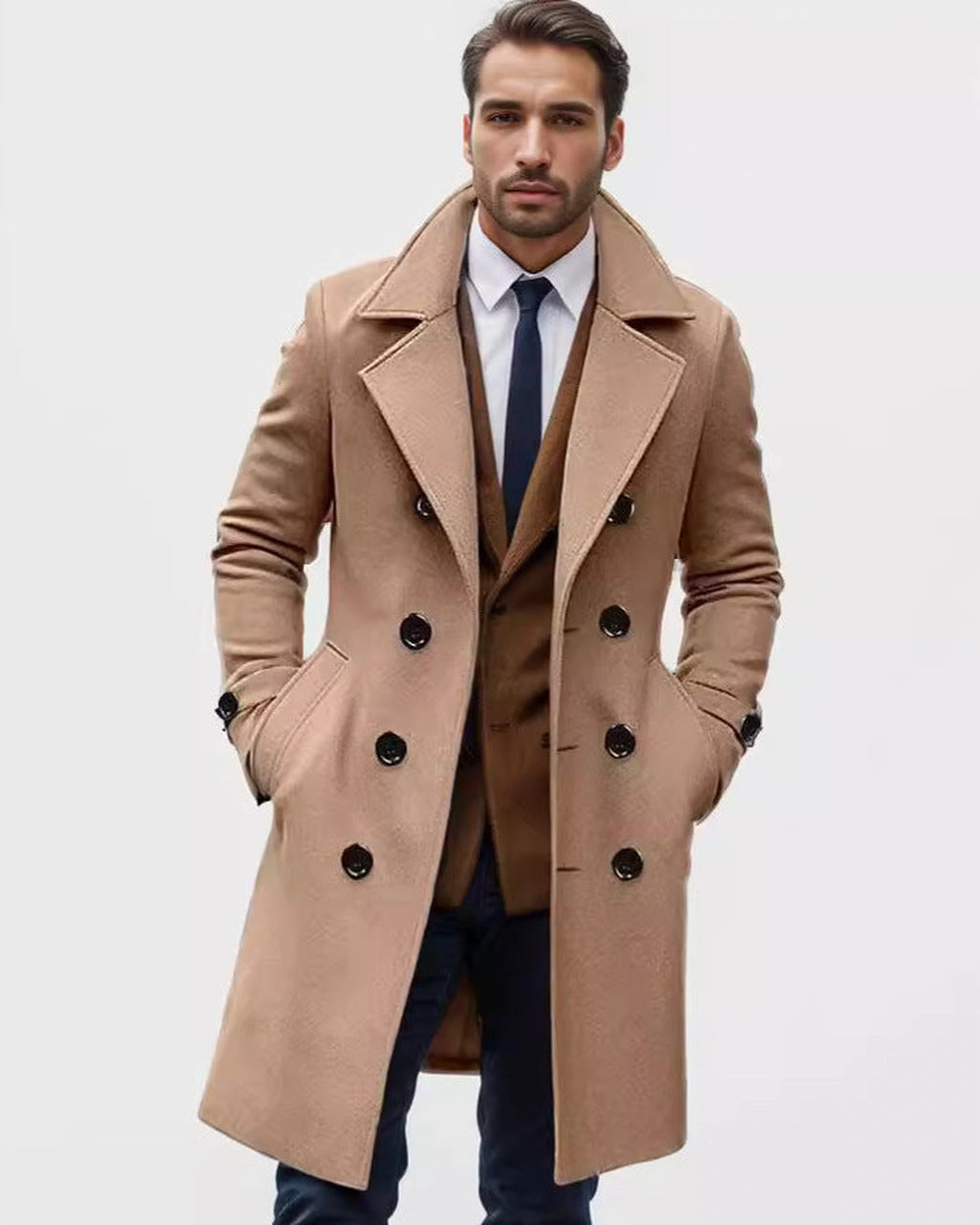 Men's Double-Breasted Wool-Blend Overcoat with Notch Lapel, Tailored Fit – Callum