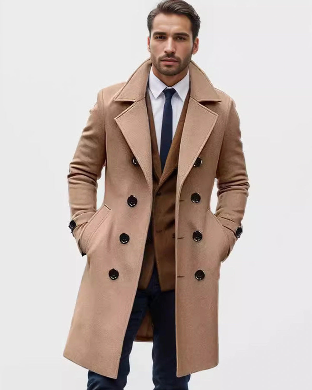 Men's Double-Breasted Wool-Blend Overcoat with Notch Lapel, Tailored Fit – Callum
