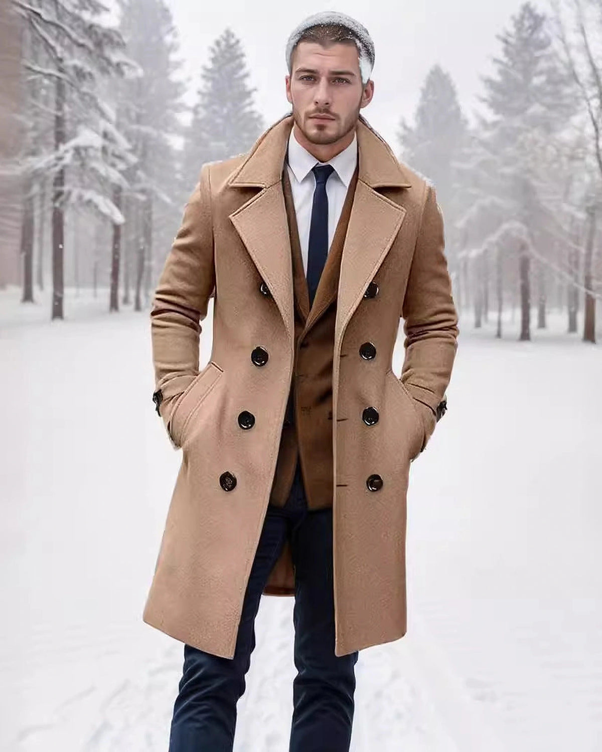 Men's Double-Breasted Wool-Blend Overcoat with Notch Lapel, Tailored Fit – Callum