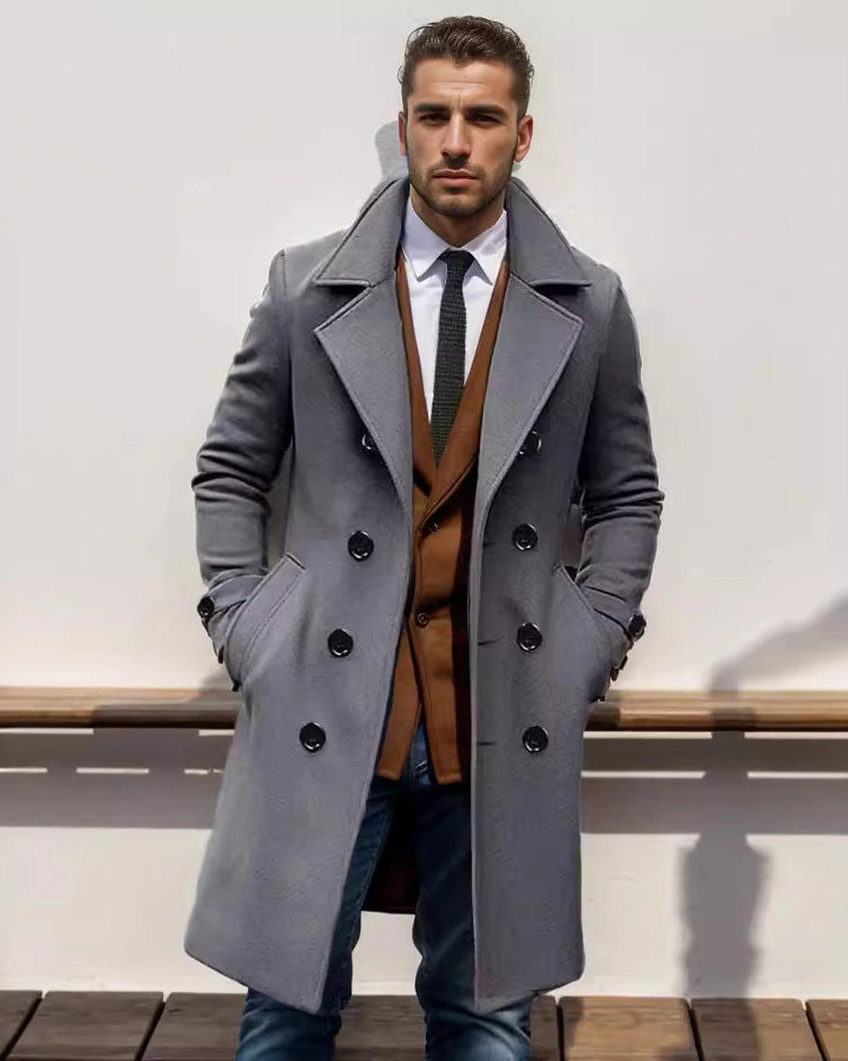 Men's Double-Breasted Wool-Blend Overcoat with Notch Lapel, Tailored Fit – Callum