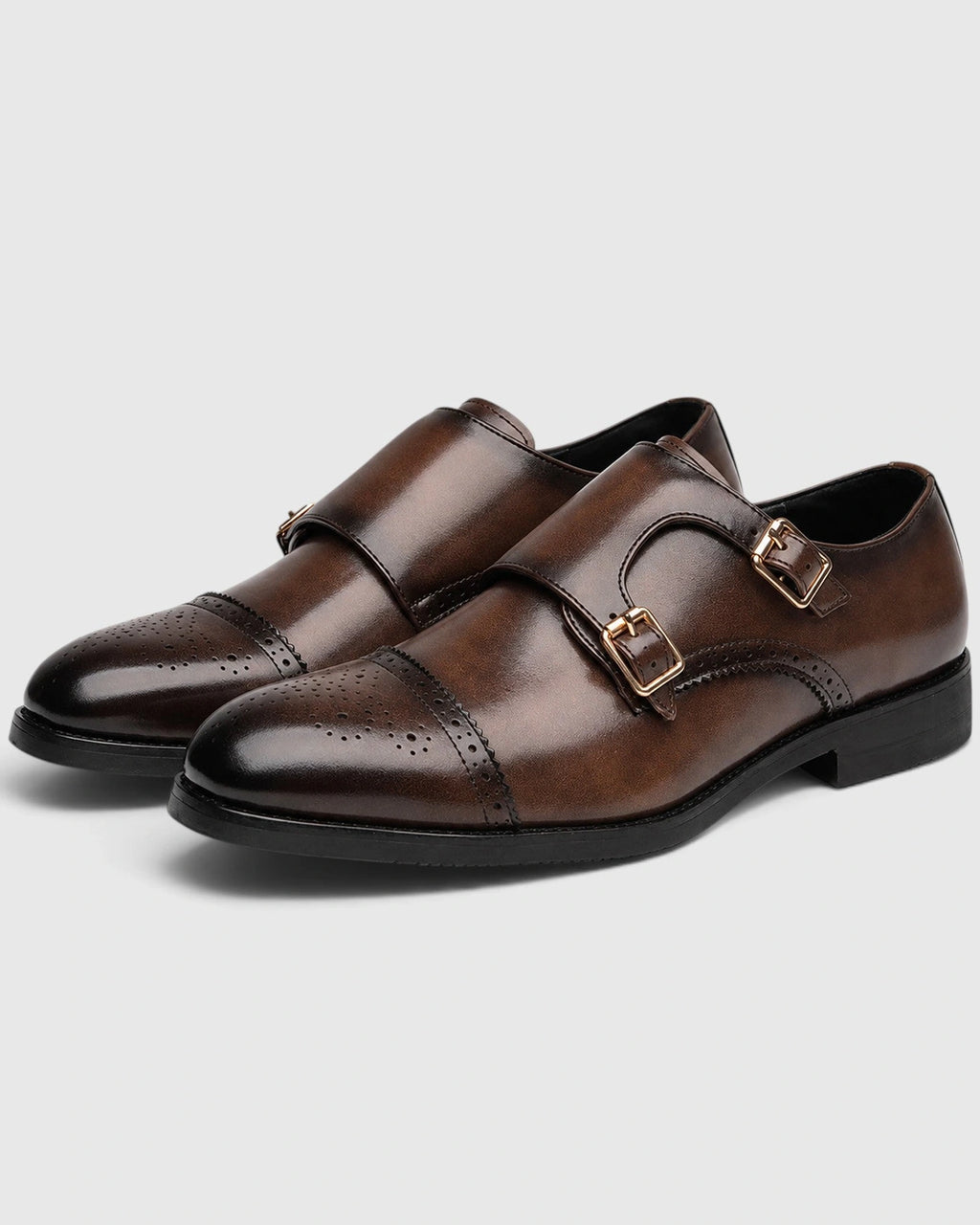 Men's Double Monk Strap Brogue Shoes with Cap Toe Detailing – Leo