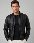 Men's Faux Leather Biker Jacket with Snap Stand Collar and Zip Pockets – Wyatt
