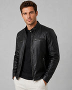 Men's Faux Leather Biker Jacket with Snap Stand Collar and Zip Pockets – Wyatt