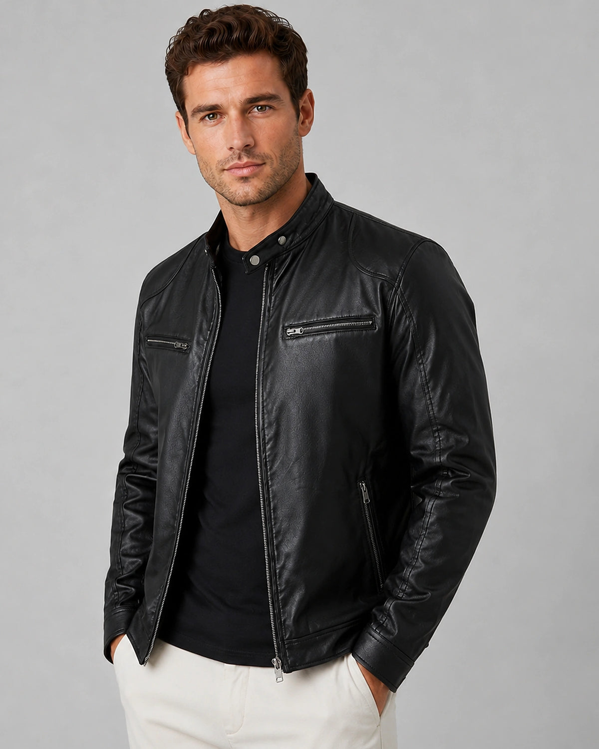 Men's Faux Leather Biker Jacket with Snap Stand Collar and Zip Pockets – Wyatt