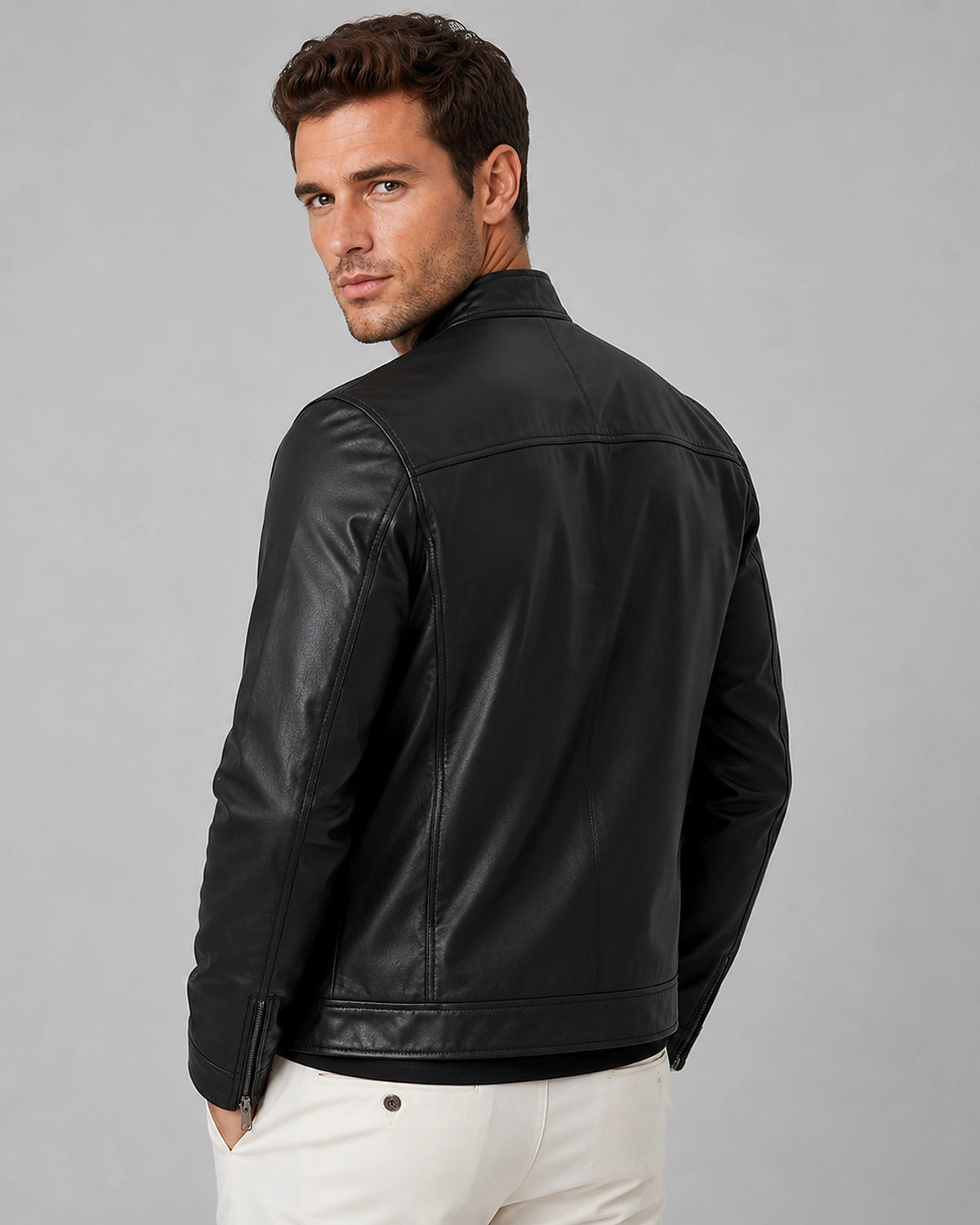 Men's Faux Leather Biker Jacket with Snap Stand Collar and Zip Pockets – Wyatt