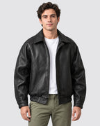 Men's Faux Leather Bomber Jacket with Shirt Collar and Ribbed Hem – Orson