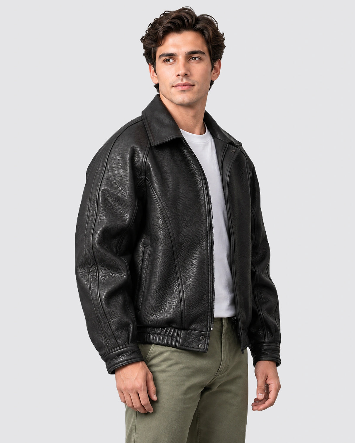 Men's Faux Leather Bomber Jacket with Shirt Collar and Ribbed Hem – Orson