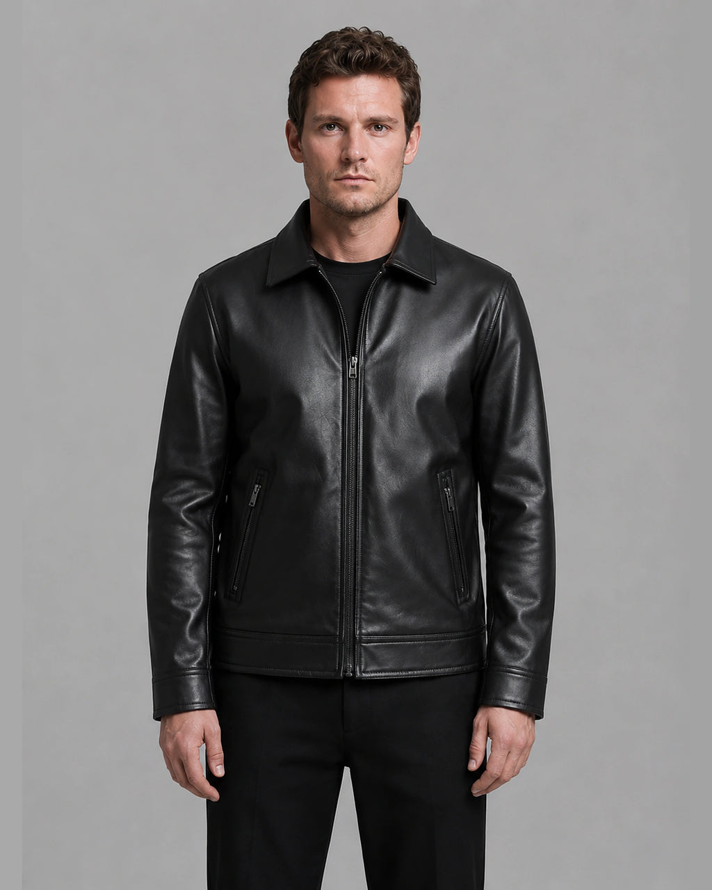 Men's Faux Leather Jacket with Shirt Collar and Zip Pockets – Casper