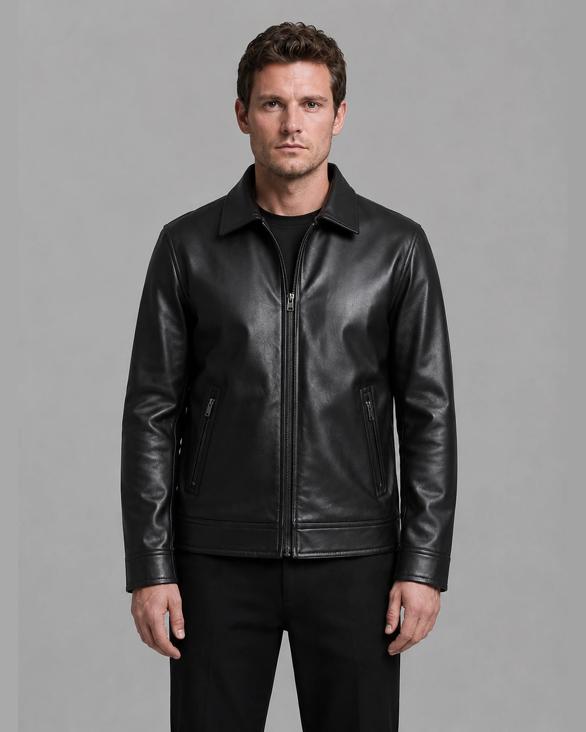 Men's Faux Leather Jacket with Shirt Collar and Zip Pockets – Casper