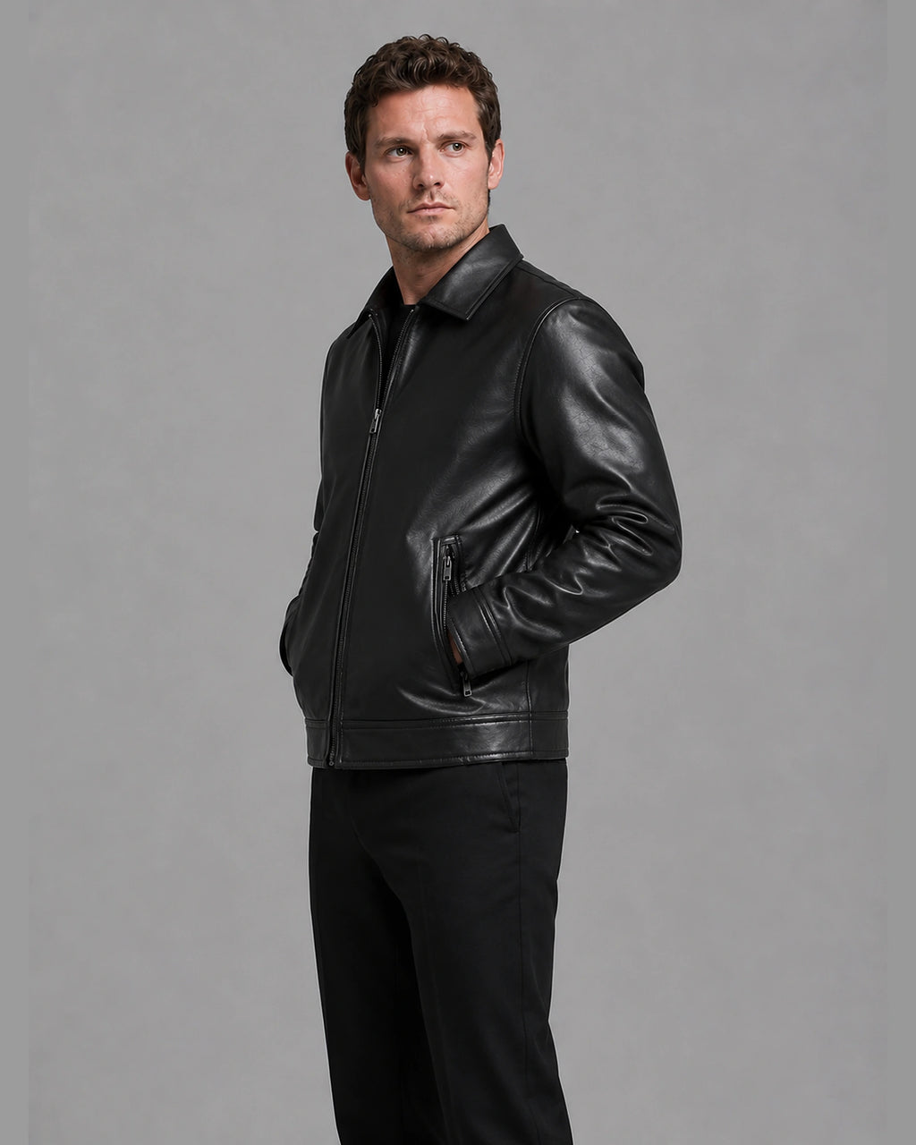 Men's Faux Leather Jacket with Shirt Collar and Zip Pockets – Casper
