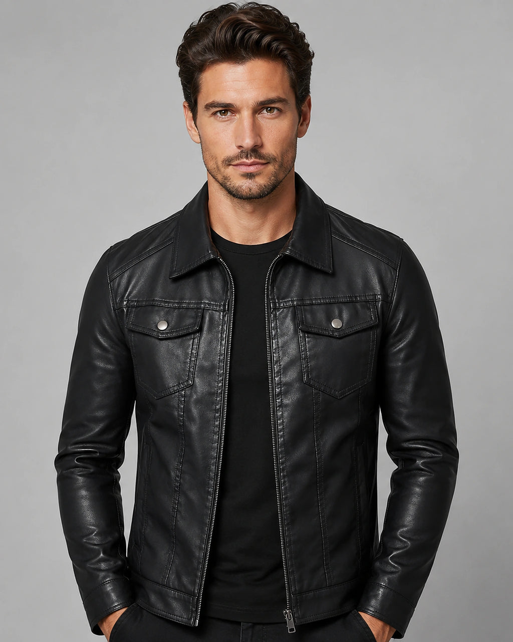 Men's Faux Leather Trucker Jacket with Flap Pockets and Contrast Stitching – Declan