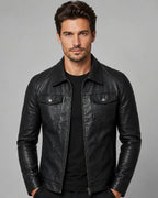 Men's Faux Leather Trucker Jacket with Flap Pockets and Contrast Stitching – Declan