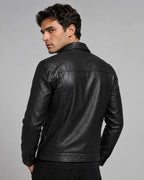 Men's Faux Leather Trucker Jacket with Flap Pockets and Contrast Stitching – Declan