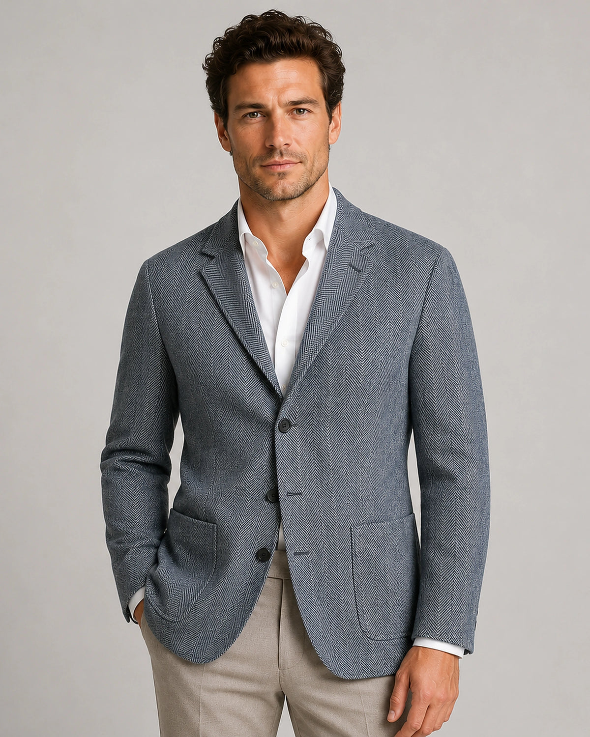 Men's Herringbone Tailored Blazer with Notch Lapel and Patch Pockets – Parker