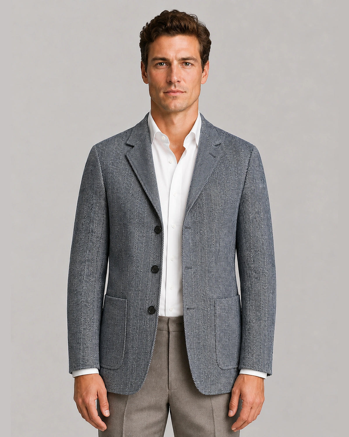Men's Herringbone Tailored Blazer with Notch Lapel and Patch Pockets – Parker
