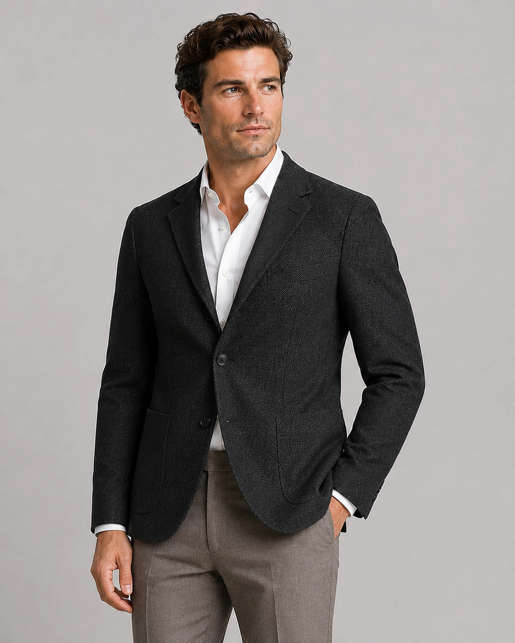 Men's Herringbone Tailored Blazer with Notch Lapel and Patch Pockets – Parker
