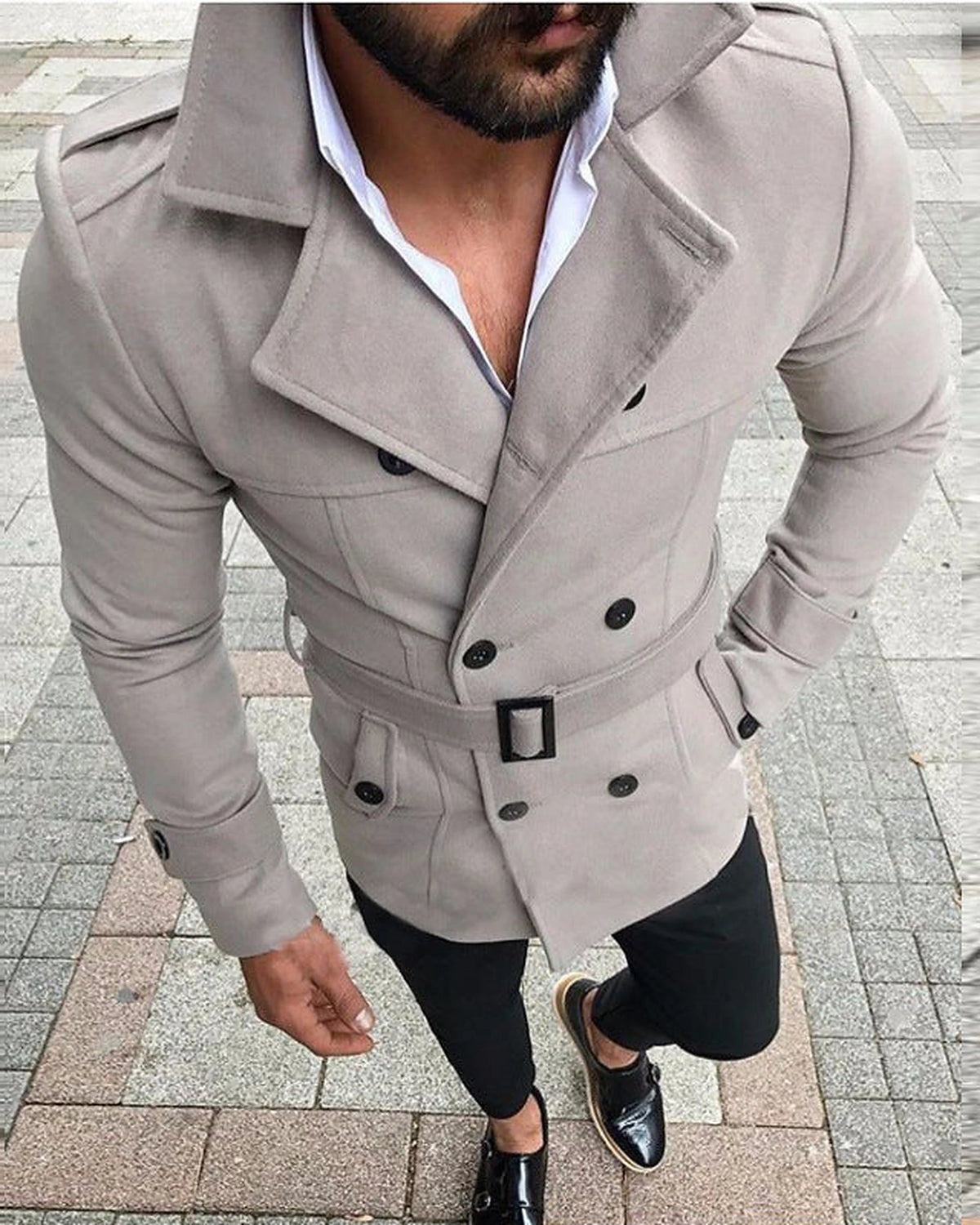 Men's Hooded Double-Breasted Wool-Blend Trench Coat with Belt – Faye Belle