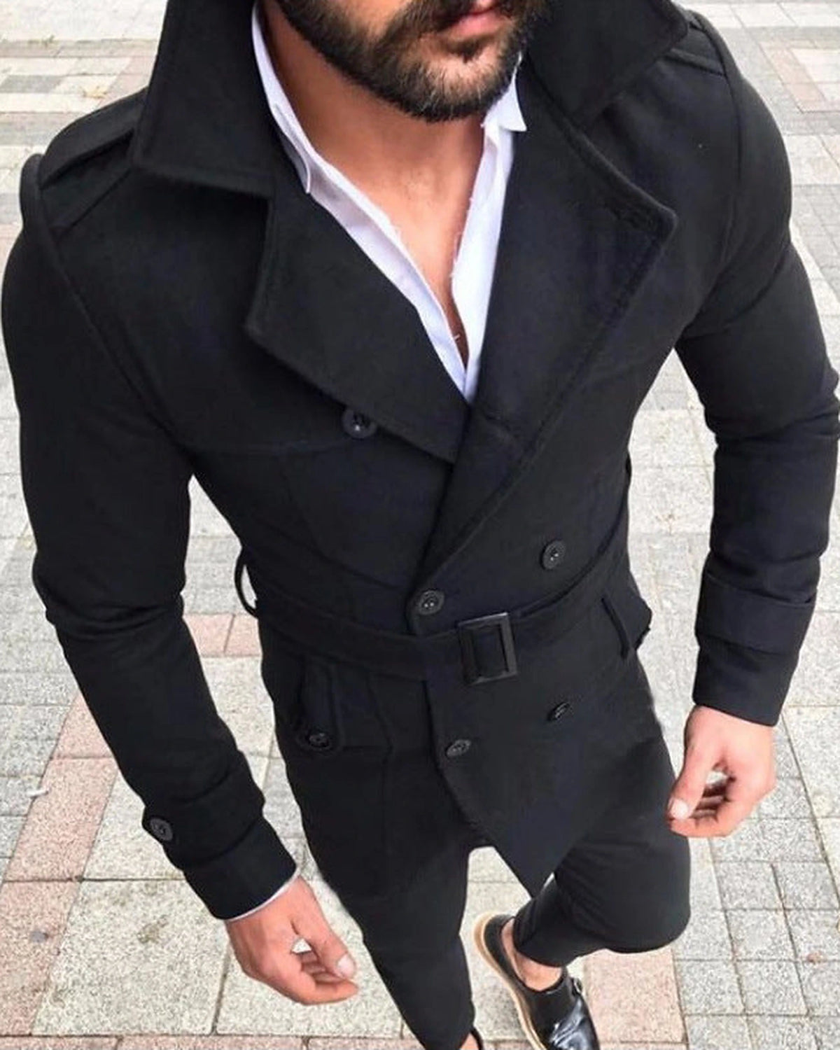 Men's Hooded Double-Breasted Wool-Blend Trench Coat with Belt – Faye Belle