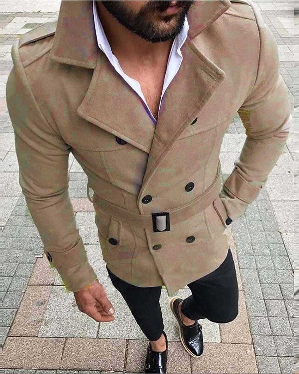 Men's Hooded Double-Breasted Wool-Blend Trench Coat with Belt – Faye Belle