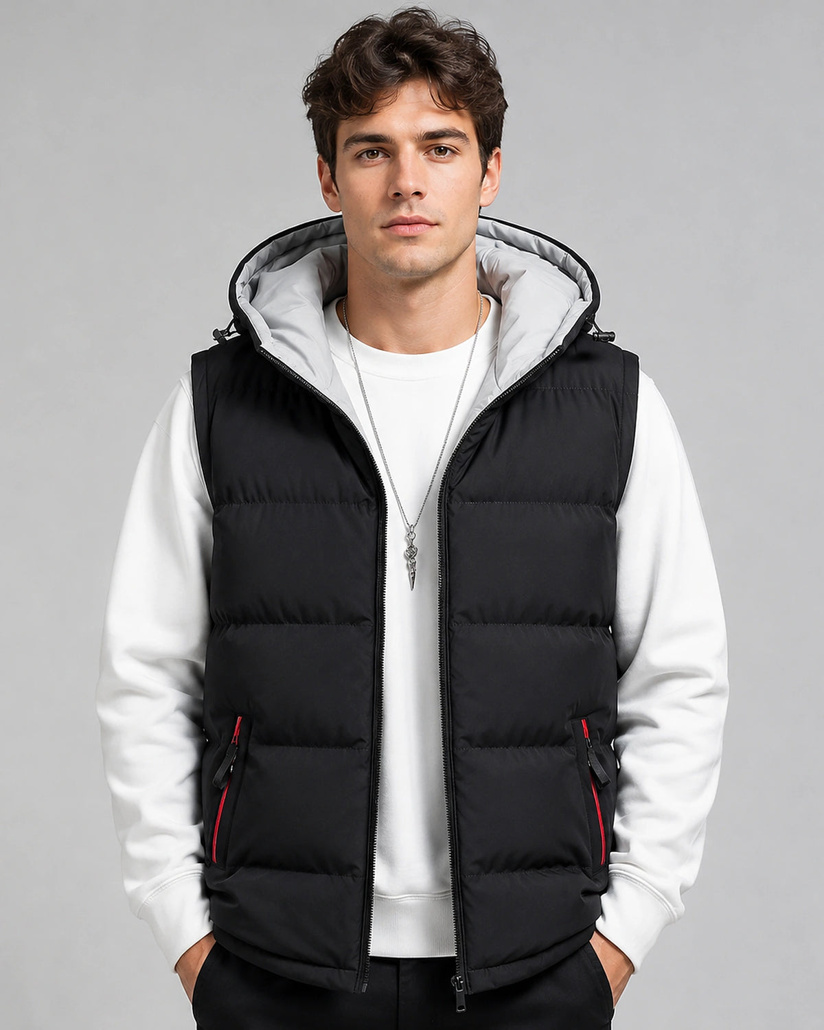 Men's Hooded Padded Gilet with Zip Pockets and Contrast Trim – Theo