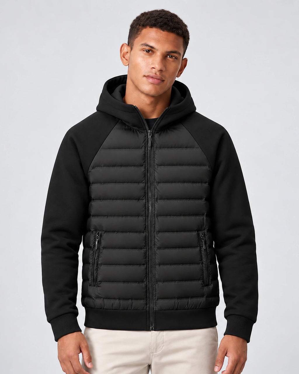Men's Hooded Quilted Puffer Jacket with Jersey Sleeves and Zip Pockets – Finn