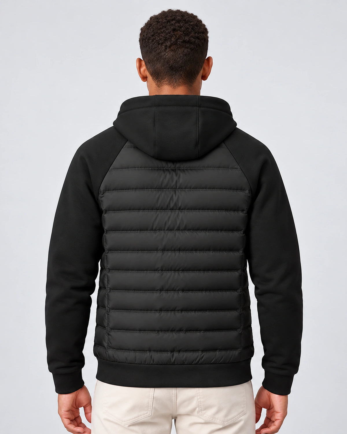 Men's Hooded Quilted Puffer Jacket with Jersey Sleeves and Zip Pockets – Finn
