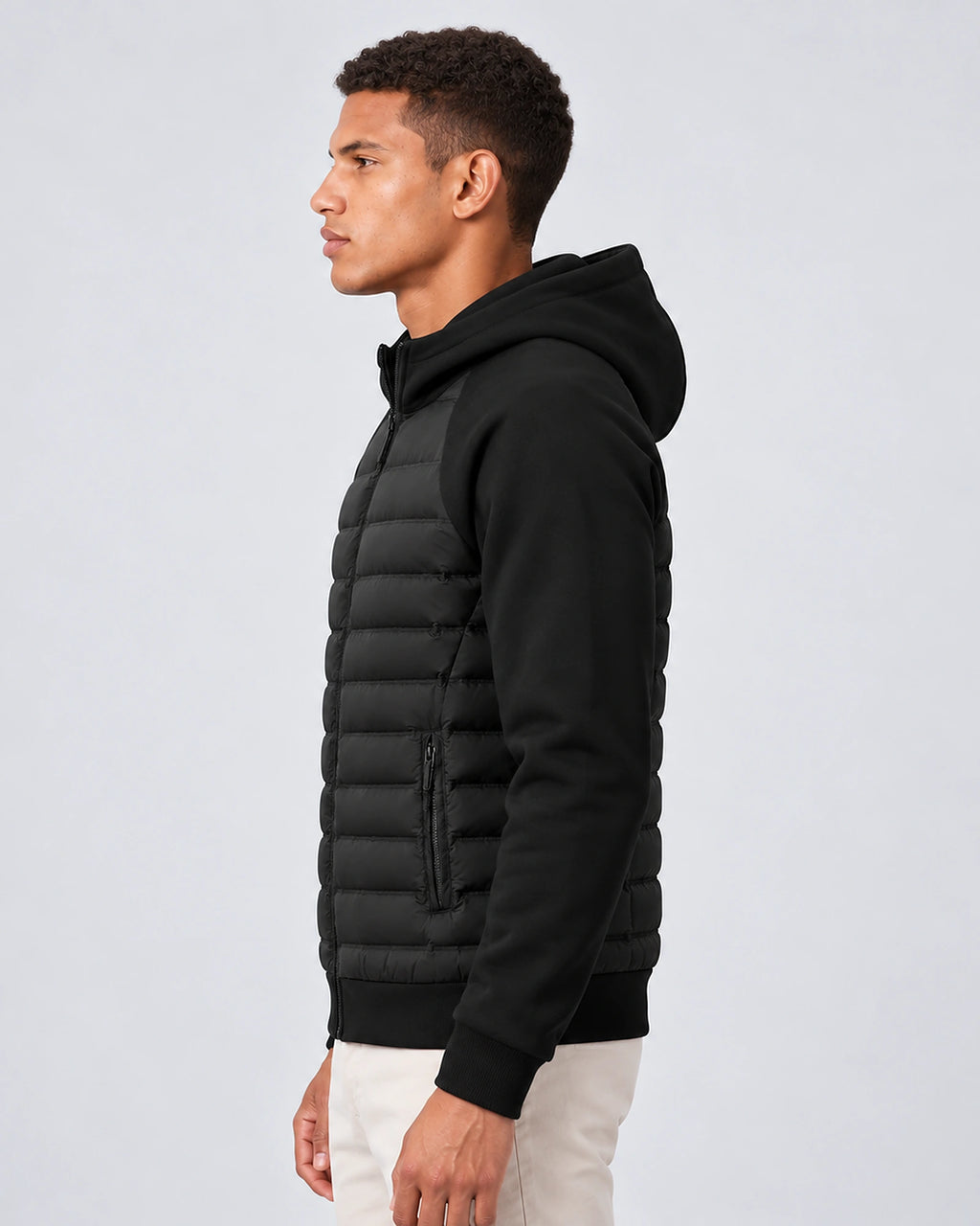 Men's Hooded Quilted Puffer Jacket with Jersey Sleeves and Zip Pockets – Finn