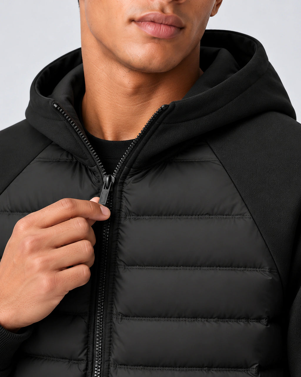 Men's Hooded Quilted Puffer Jacket with Jersey Sleeves and Zip Pockets – Finn