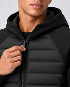 Men's Hooded Quilted Puffer Jacket with Jersey Sleeves and Zip Pockets – Finn