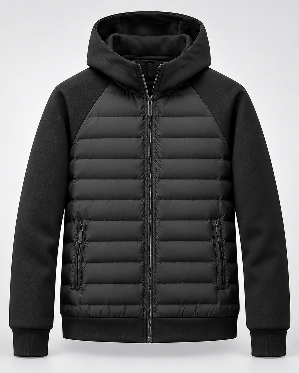 Men's Hooded Quilted Puffer Jacket with Jersey Sleeves and Zip Pockets – Finn