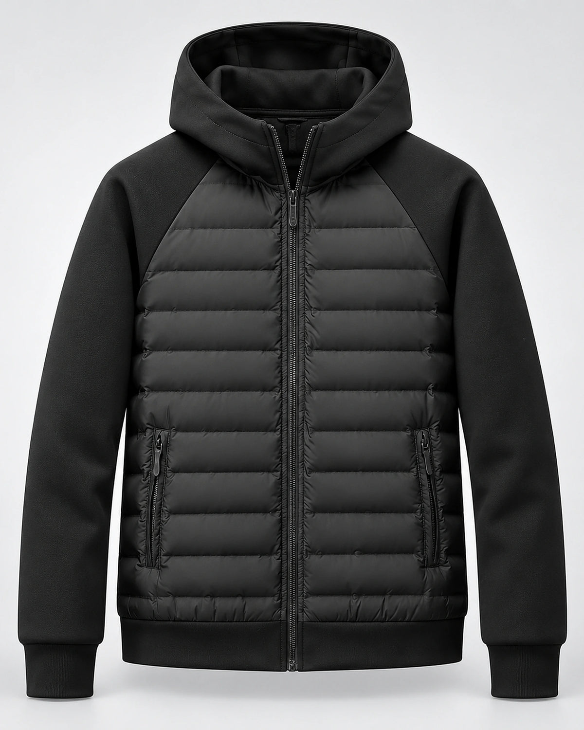 Men's Hooded Quilted Puffer Jacket with Jersey Sleeves and Zip Pockets – Finn