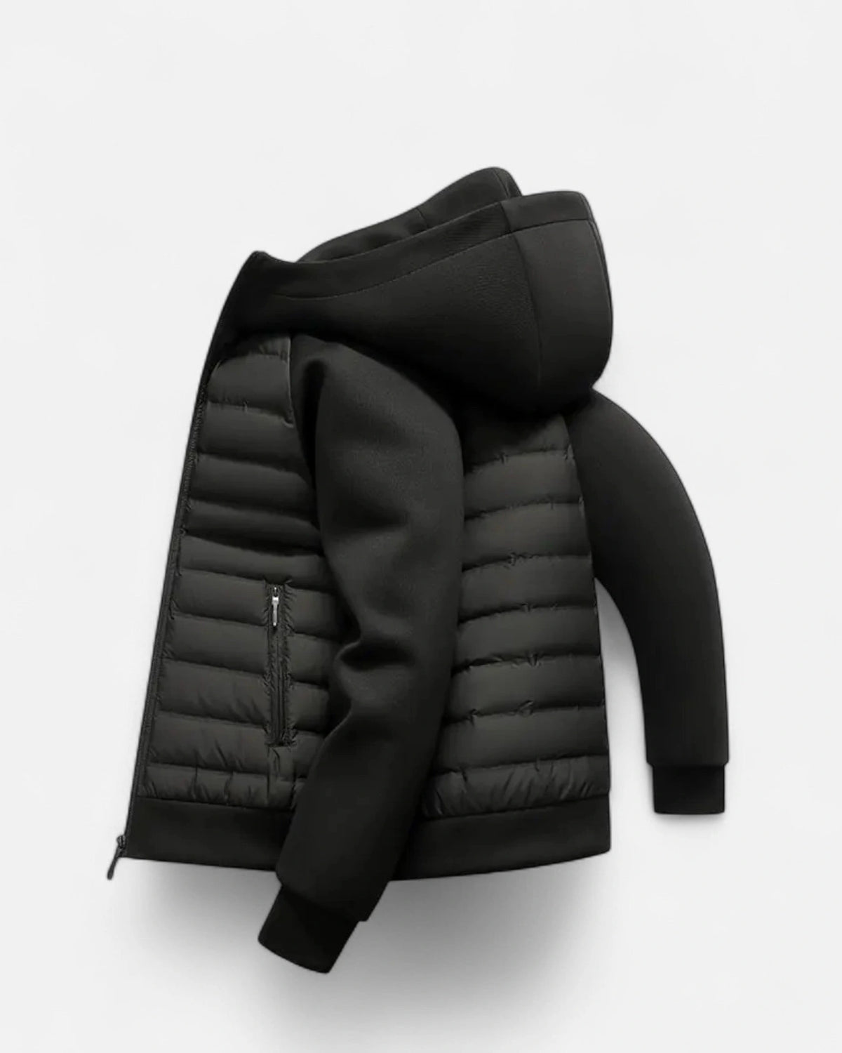 Men's Hooded Quilted Puffer Jacket with Jersey Sleeves and Zip Pockets – Finn