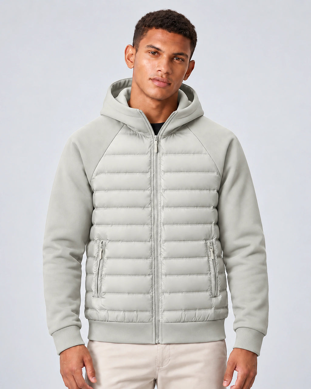 Men's Hooded Quilted Puffer Jacket with Jersey Sleeves and Zip Pockets – Finn