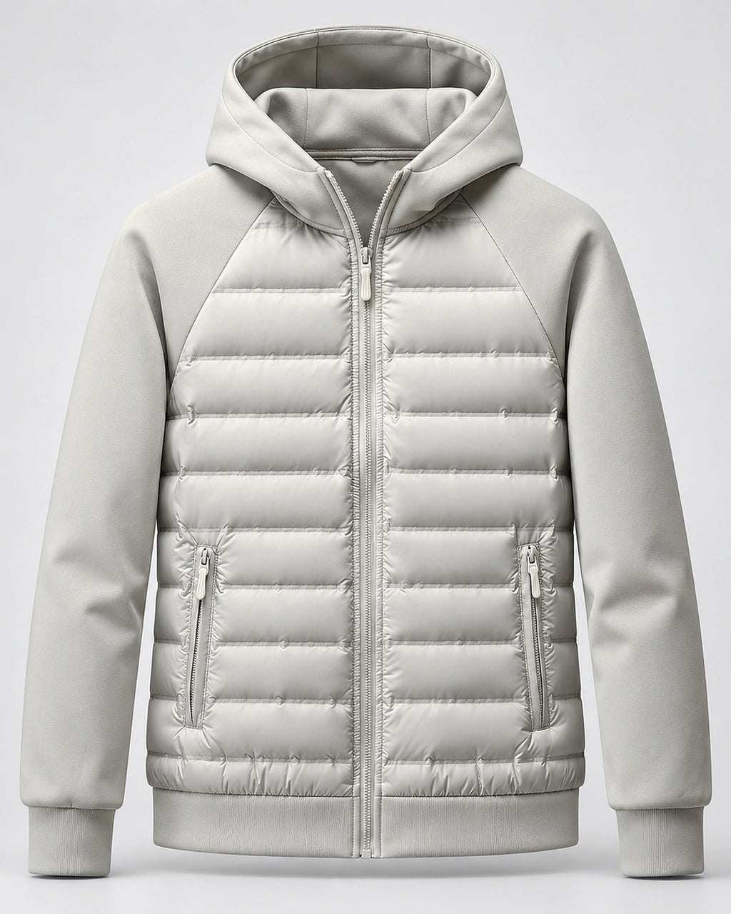 Men's Hooded Quilted Puffer Jacket with Jersey Sleeves and Zip Pockets – Finn