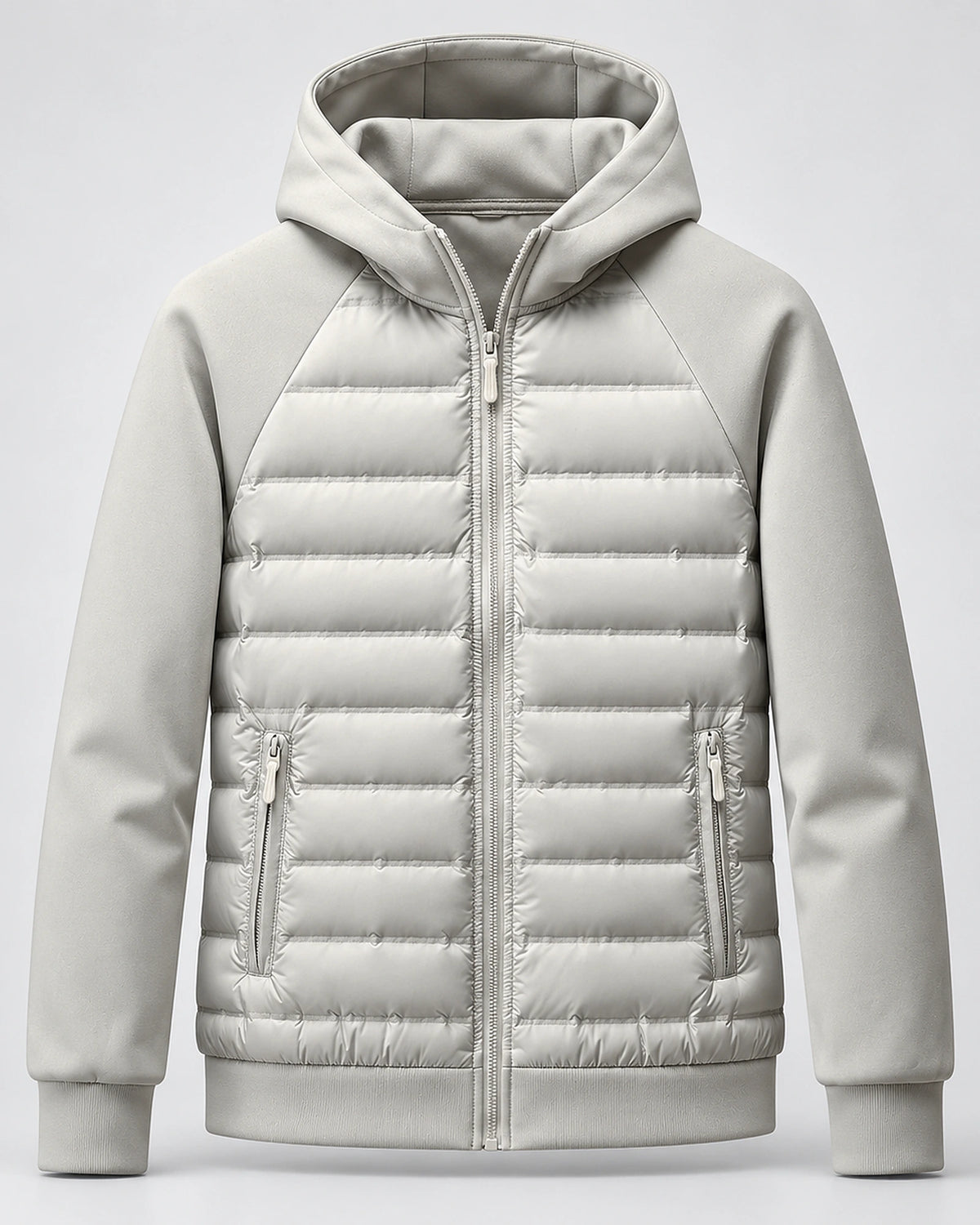 Men's Hooded Quilted Puffer Jacket with Jersey Sleeves and Zip Pockets – Finn