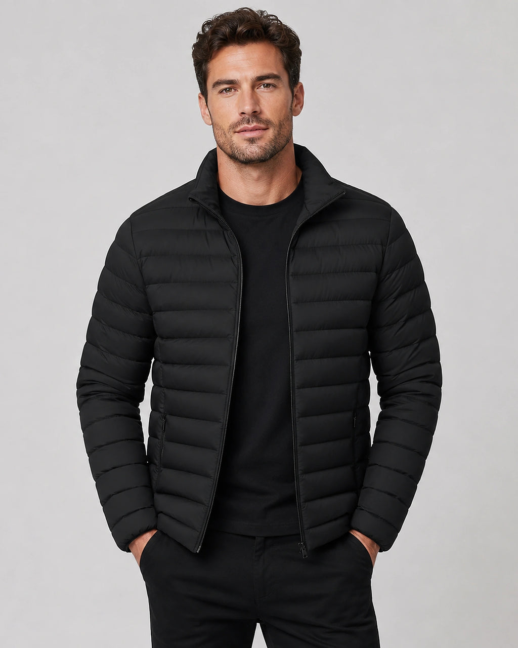Men's Lightweight Quilted Puffer Jacket with Stand Collar and Zip Pockets – Rhys