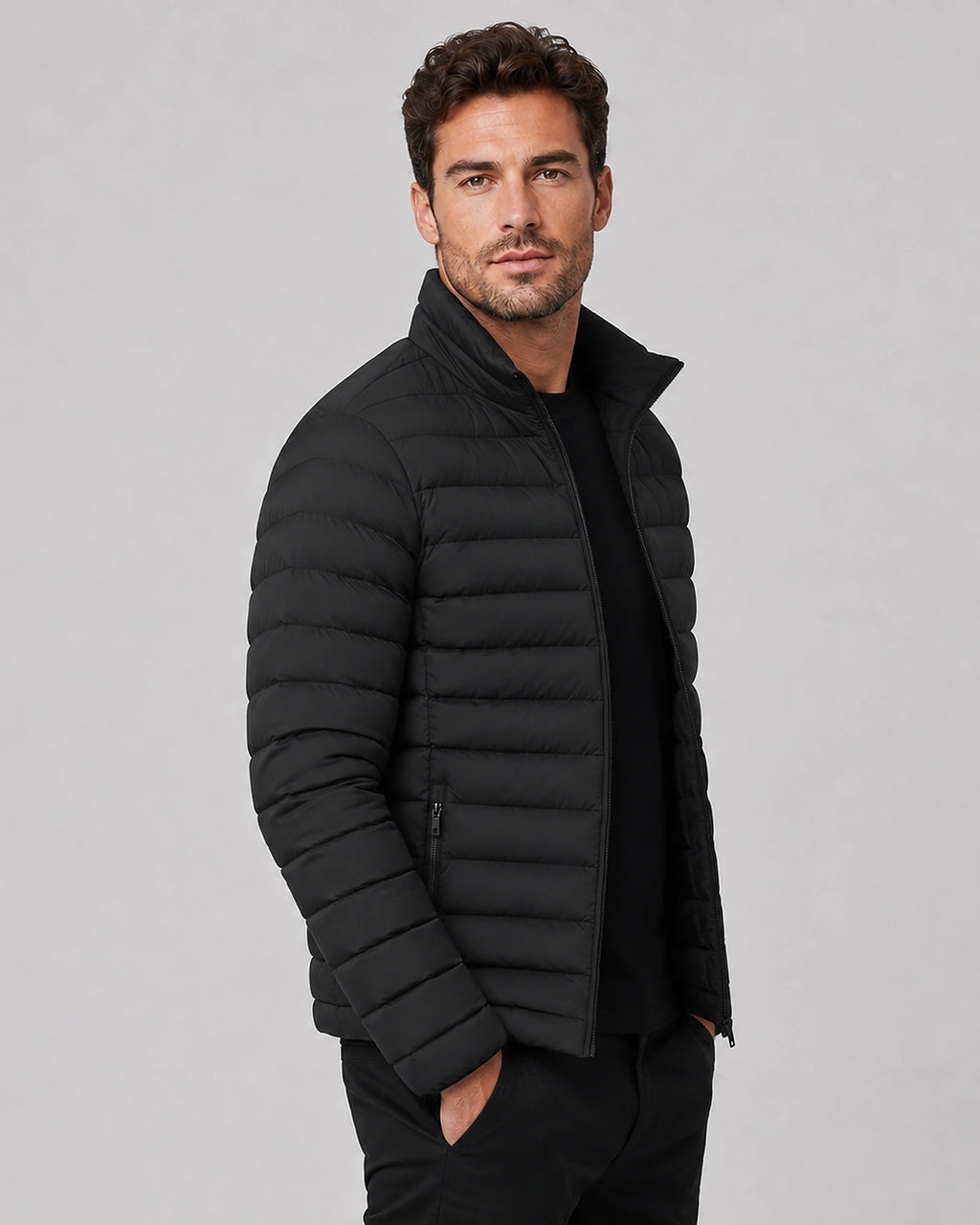 Men's Lightweight Quilted Puffer Jacket with Stand Collar and Zip Pockets – Rhys