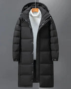 Men's Long Hooded Puffer Coat with Full-Length Zip – Evie Rose
